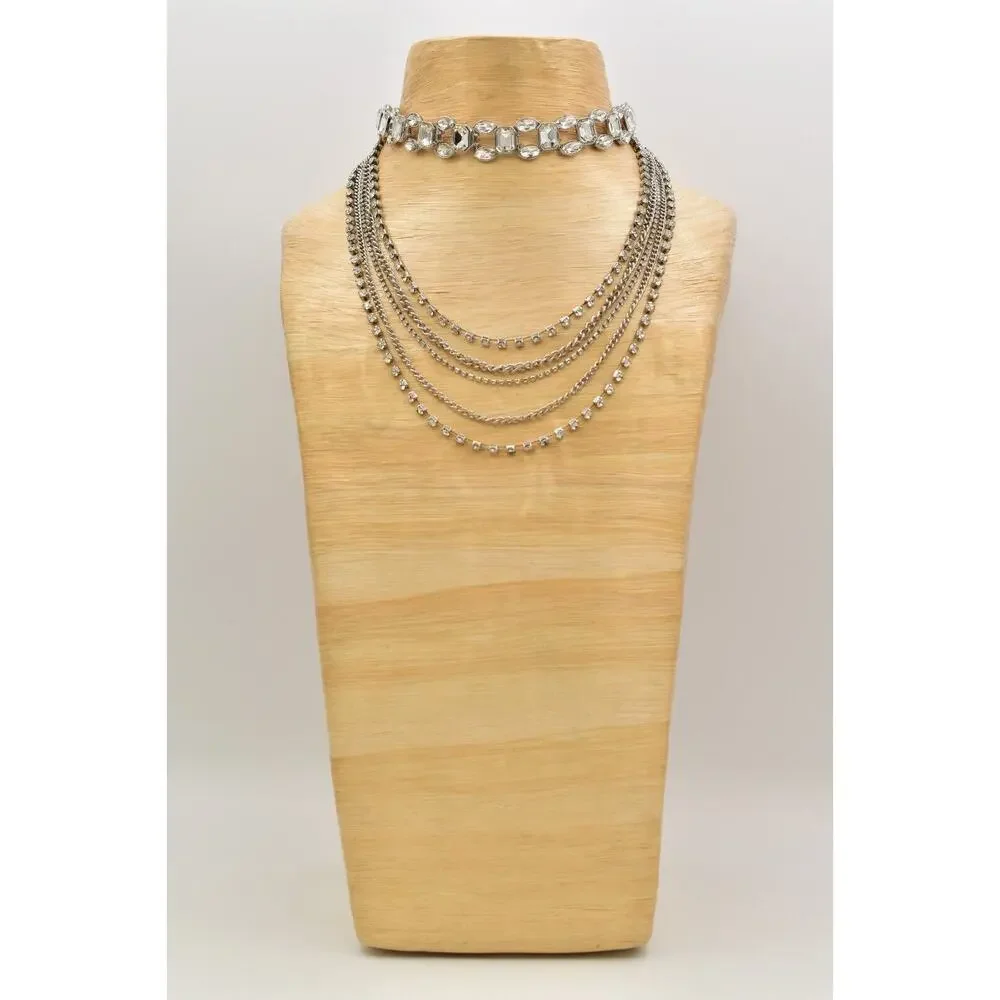 Vintage Choker Layered Necklace Rhinestone Crystal Silver Multi-Chain Y2K BinBJ